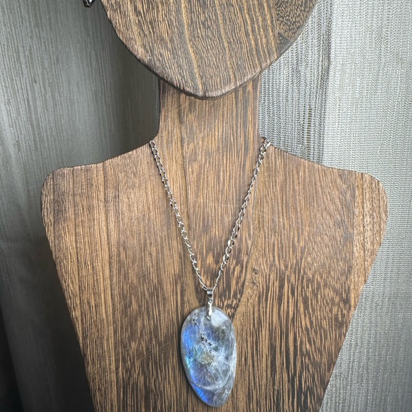 Labradorite Teardrop Pendant Necklace - Long Stainless Steel Chain - Blue Flash - Picture 3 of 13